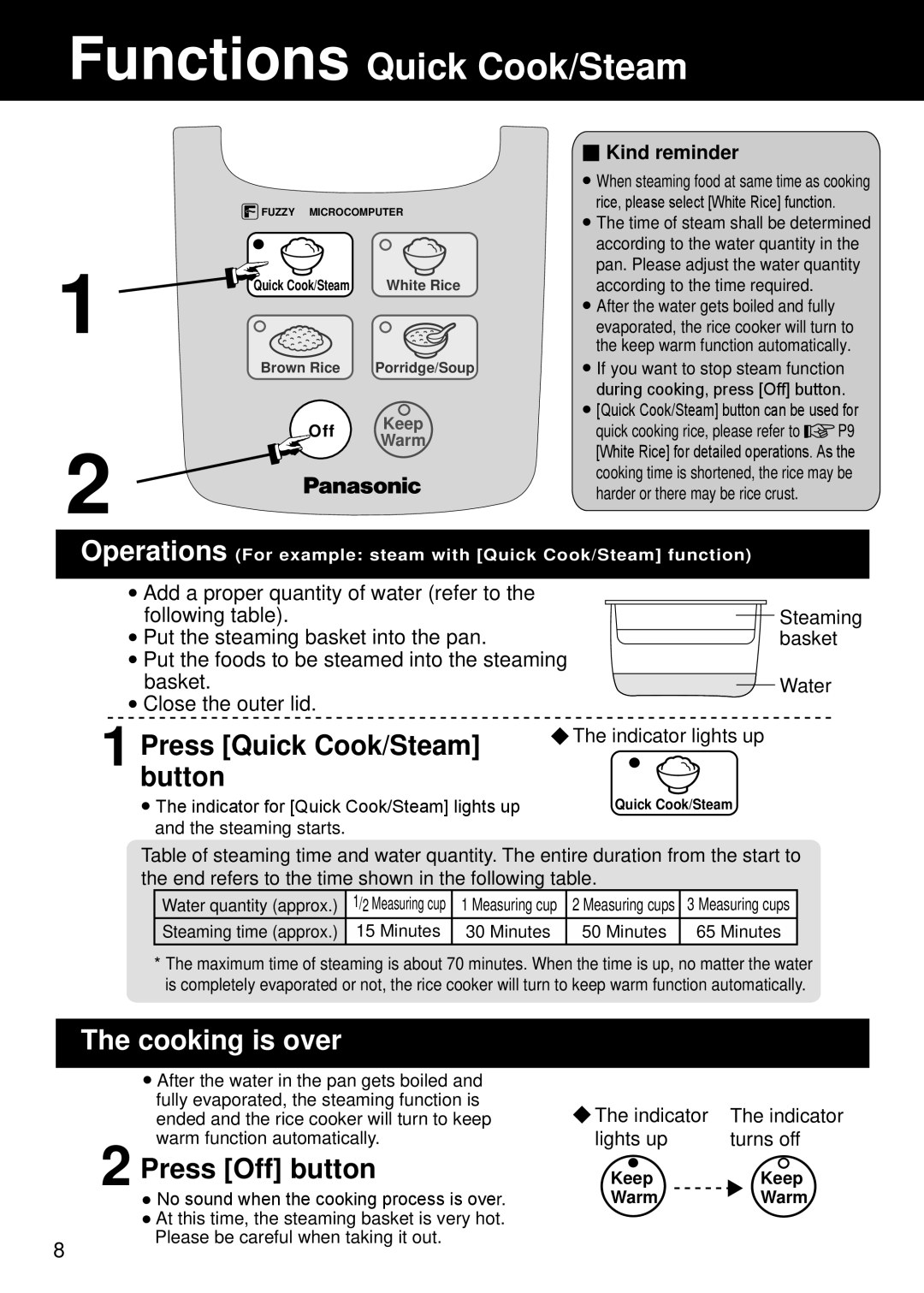 Panasonic SR/DF181 Functions Quick Cook/Steam, Press Quick Cook/Steam, The cooking is over, Press Off button, basket 