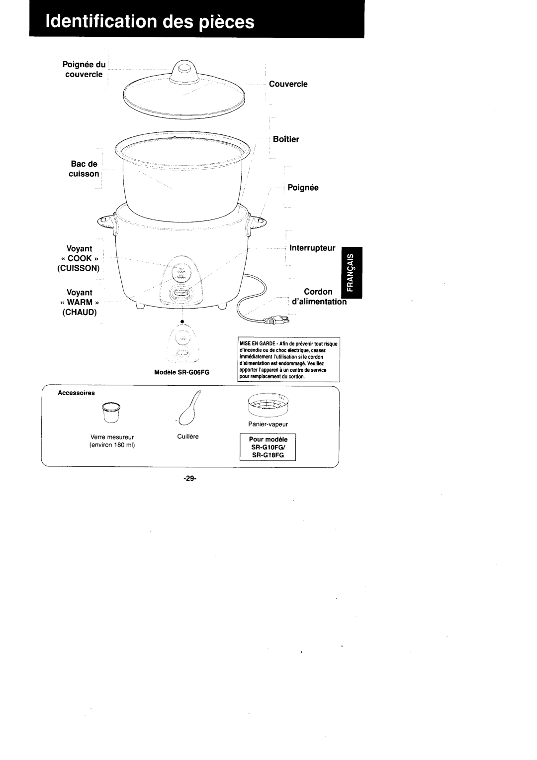 Panasonic SR'GO6FG/SR.G10FG/SR.GI8FG manual Poign6edu couvercle Voyant, Voyant Warm cHAUD, Couvercle, Pr-ddll, SR-G1oFCa 