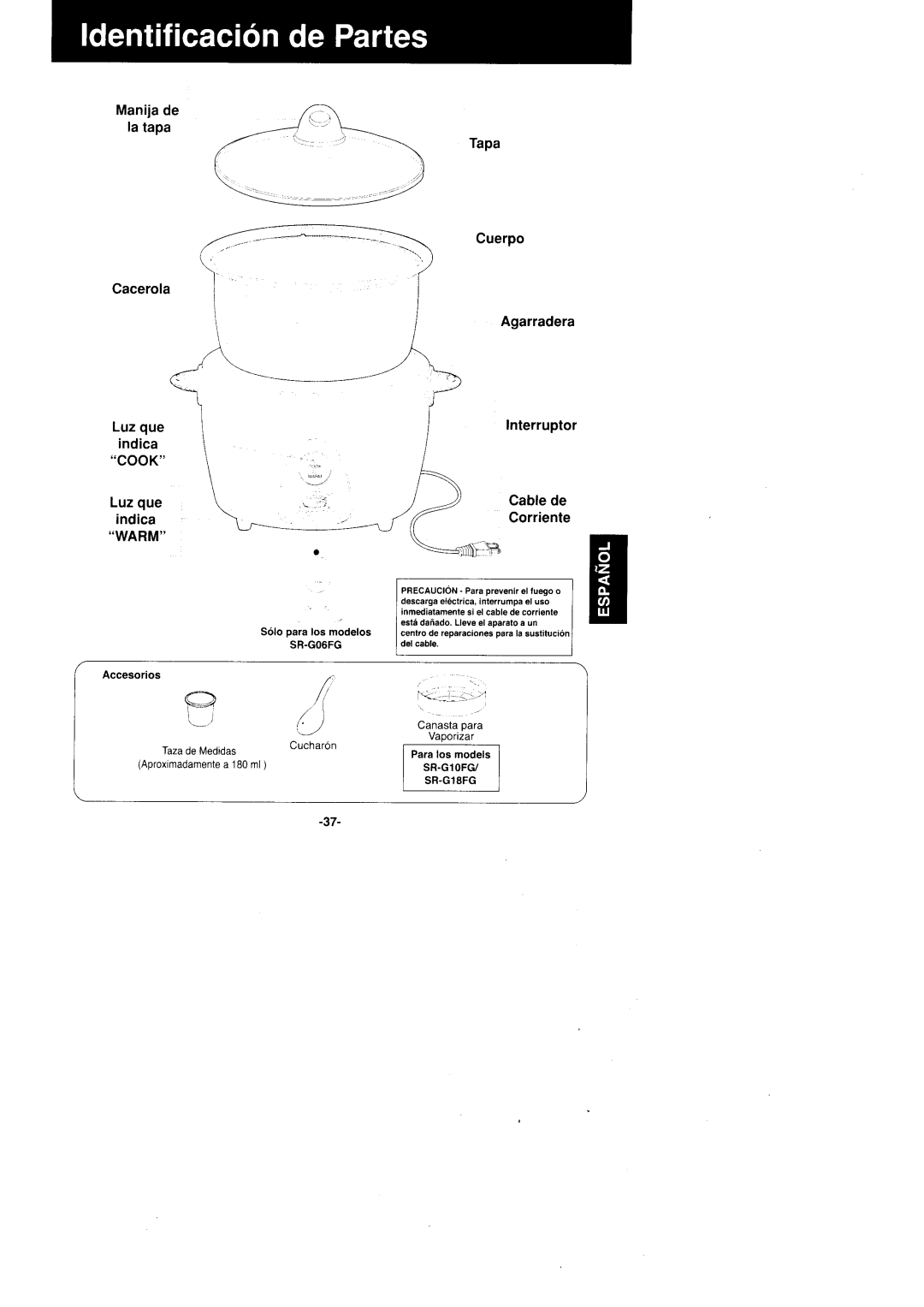 Panasonic SR'GO6FG/SR.G10FG/SR.GI8FG manual Tapa, Luzque Lnterruptor Indica, Warm 