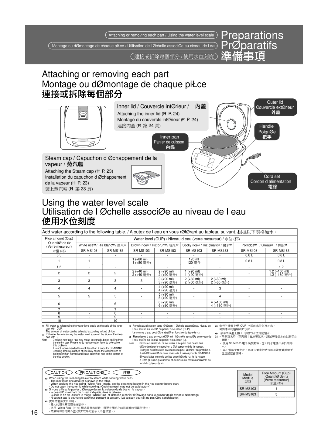 Panasonic SRMS103, SRMS183 operating instructions 準備事項, Using the water level scale 