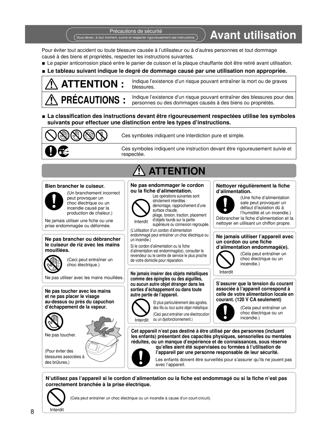 Panasonic SRMS103, SRMS183 operating instructions Avant utilisation, Bien brancher le cuiseur 