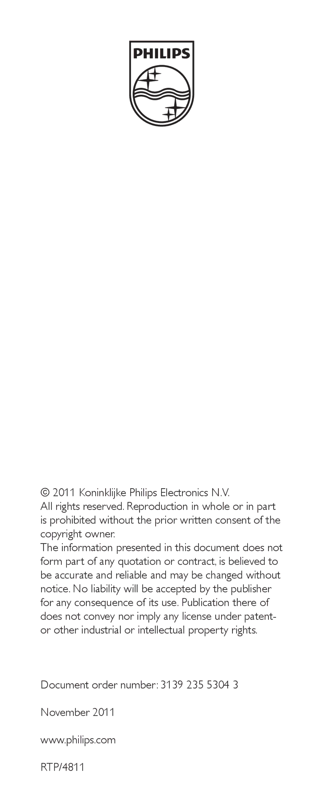 Panasonic SRP1103/27 user manual Document order number 3139 235 5304 November RTP/4811 