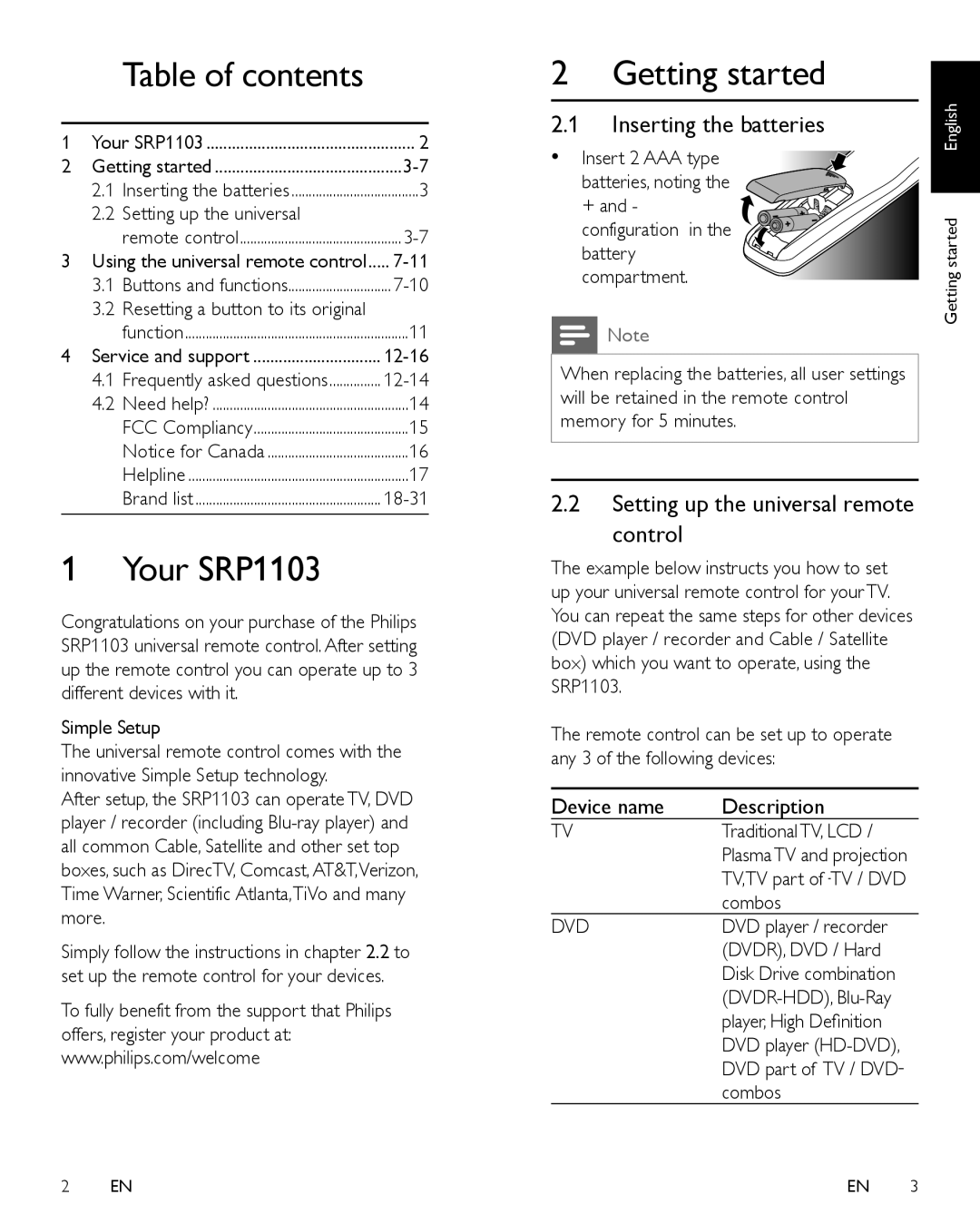 Panasonic SRP1103/27 user manual Table of contents 