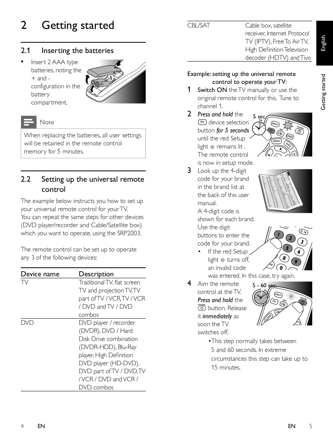 Panasonic SRP2003/27 user manual Getting started, Inserting the batteries, Setting up the universal remote control 