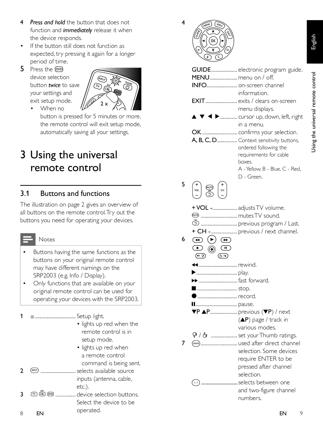 Panasonic SRP2003/27 user manual Buttons and functions 