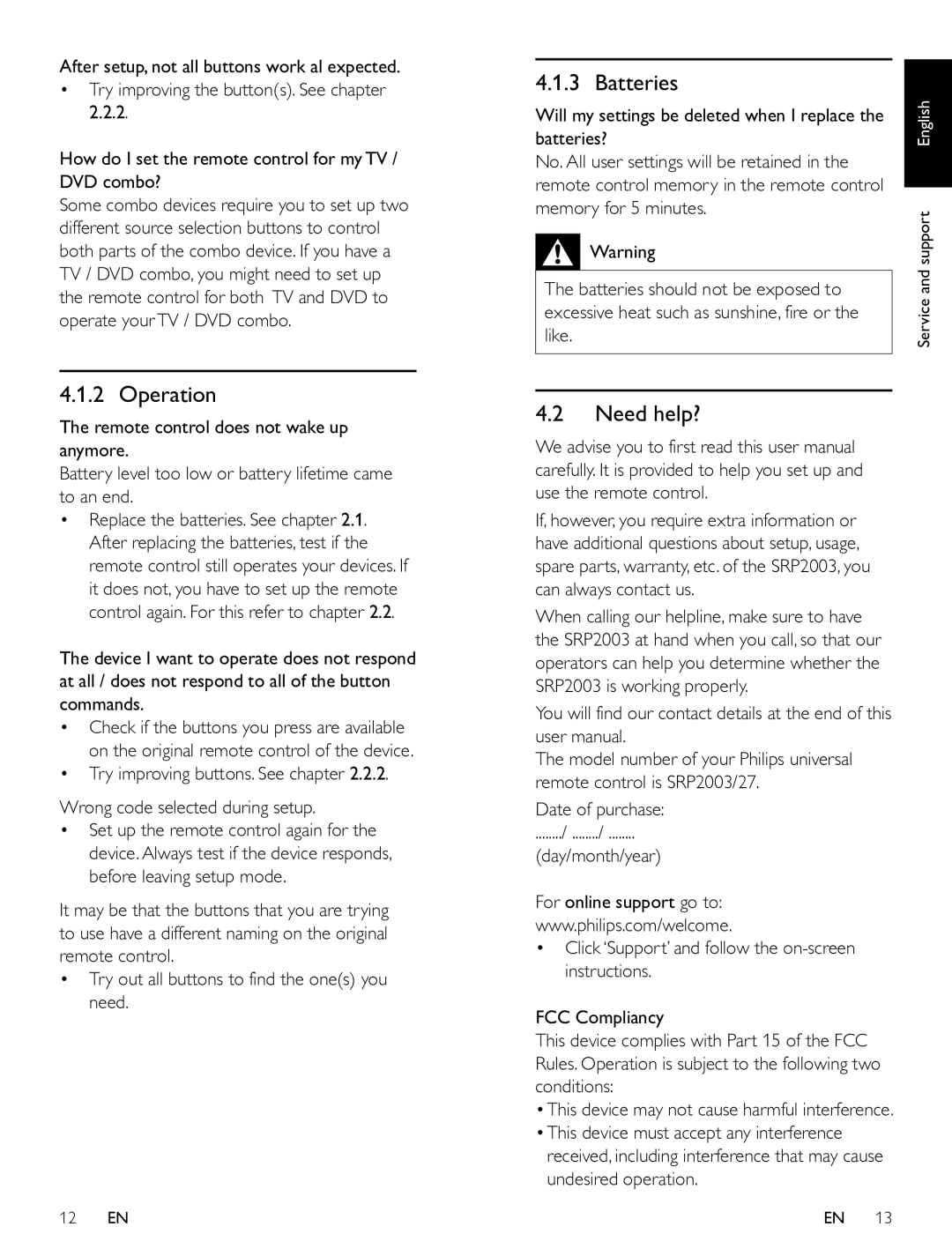 Panasonic SRP2003/27 user manual Operation, Batteries, Need help? 