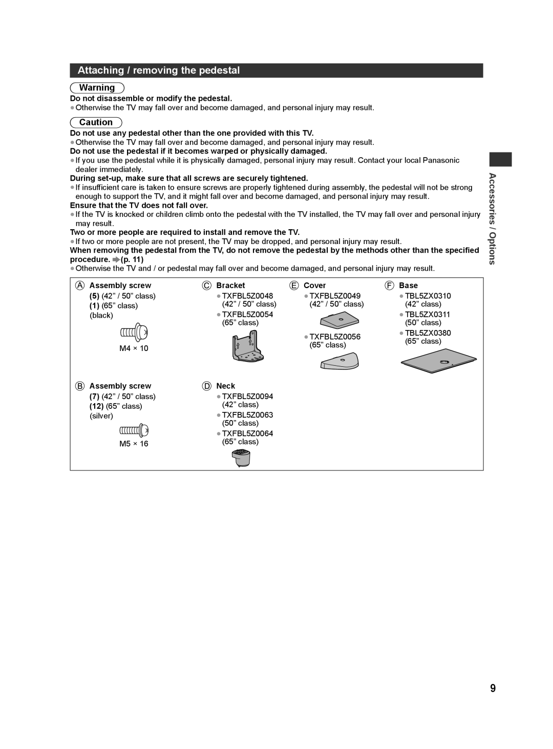 Panasonic ST50T, ST50D Attaching / removing the pedestal, Do not disassemble or modify the pedestal, Assembly screw Neck 