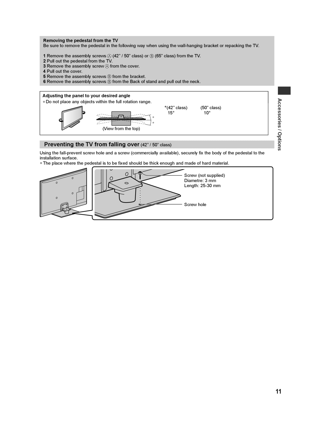 Panasonic ST50M, ST50T, ST50D, ST50K Preventing the TV from falling over 42 / 50 class, Removing the pedestal from the TV 