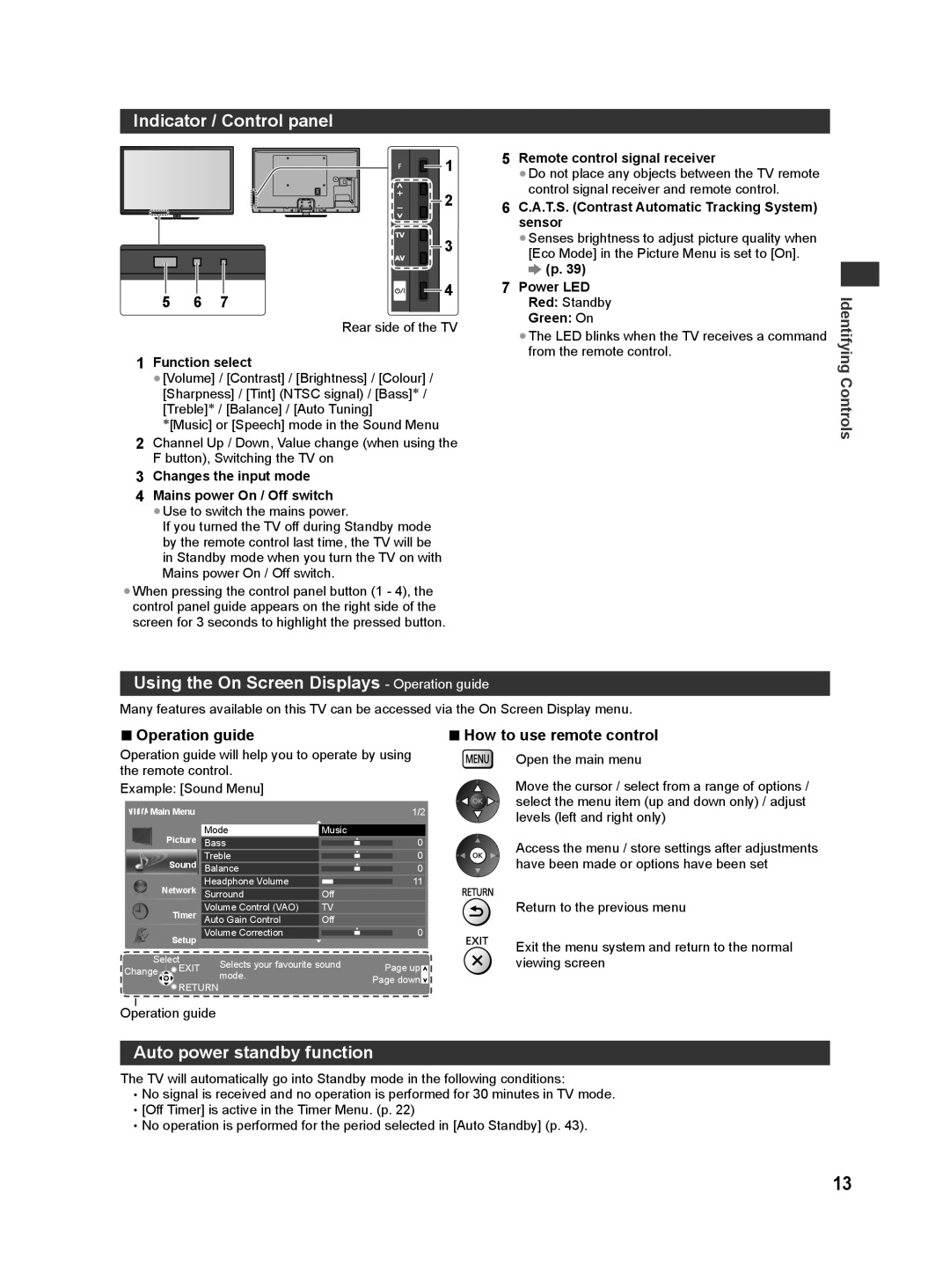 Panasonic ST50P Indicator / Control panel, Using the On Screen Displays Operation guide, Auto power standby function 