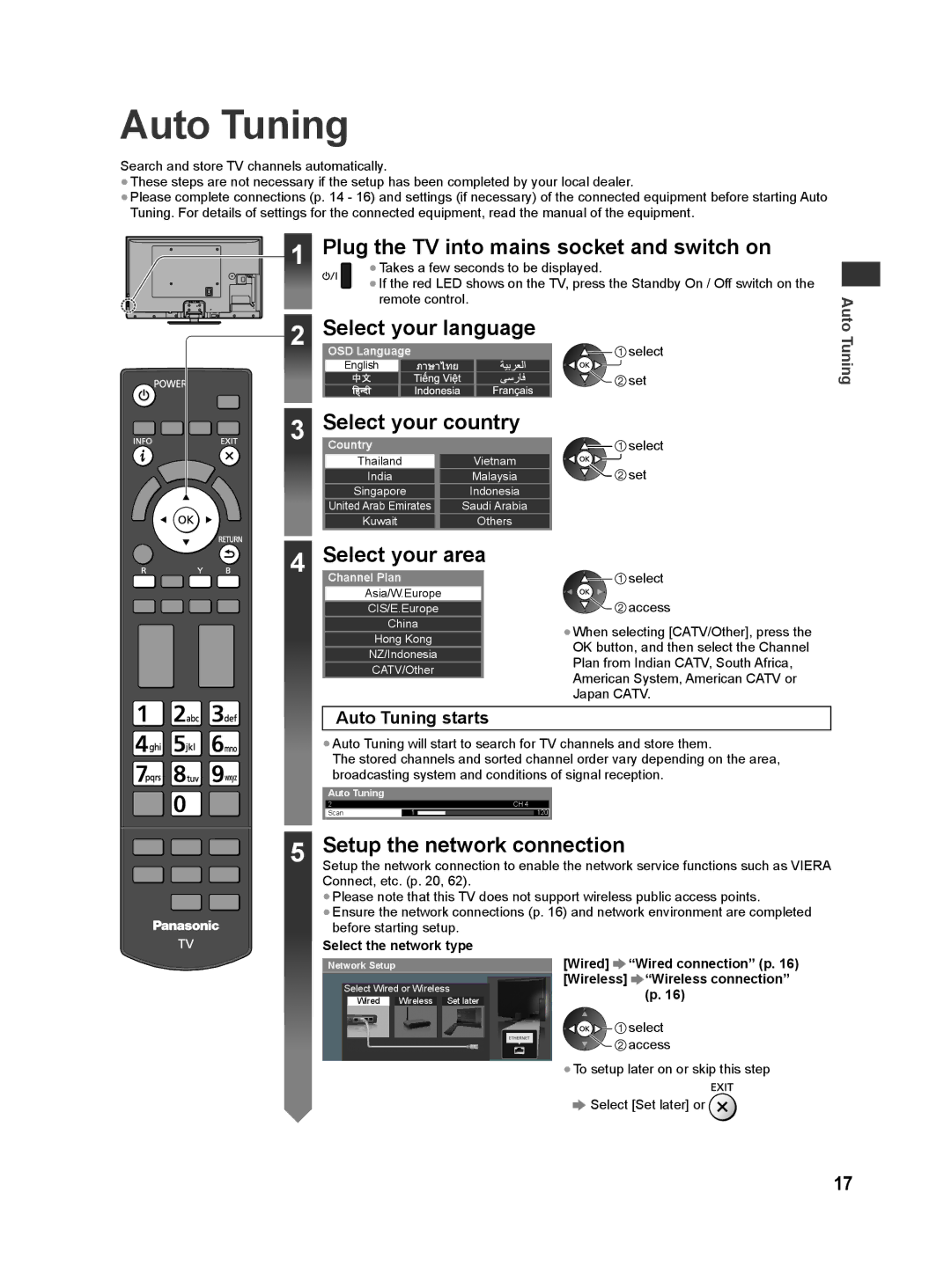 Panasonic ST50K Auto Tuning, Plug the TV into mains socket and switch on, SelectCountry your country, Select your area 