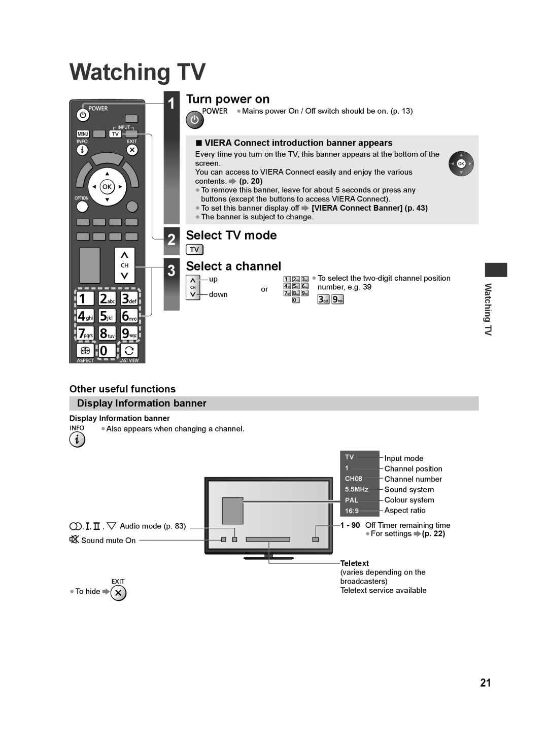 Panasonic ST50M, ST50T Watching TV, Select TV mode Select a channel, Other useful functions, Display Information banner 