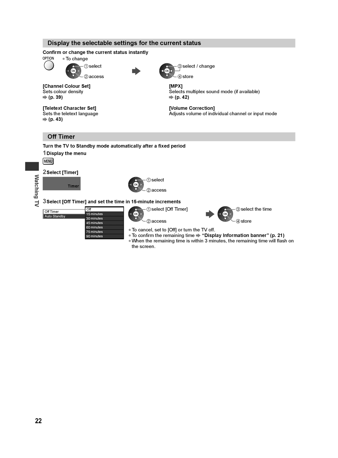 Panasonic ST50K, ST50T, ST50D, ST50M, ST50P warranty Display the selectable settings for the current status, Off Timer 