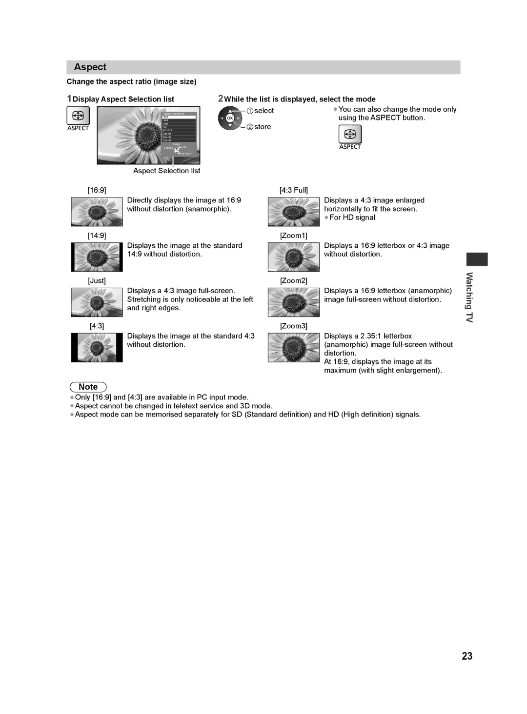 Panasonic ST50P, ST50T, ST50D, ST50M, ST50K warranty Aspect, 2While the list is displayed, select the mode 