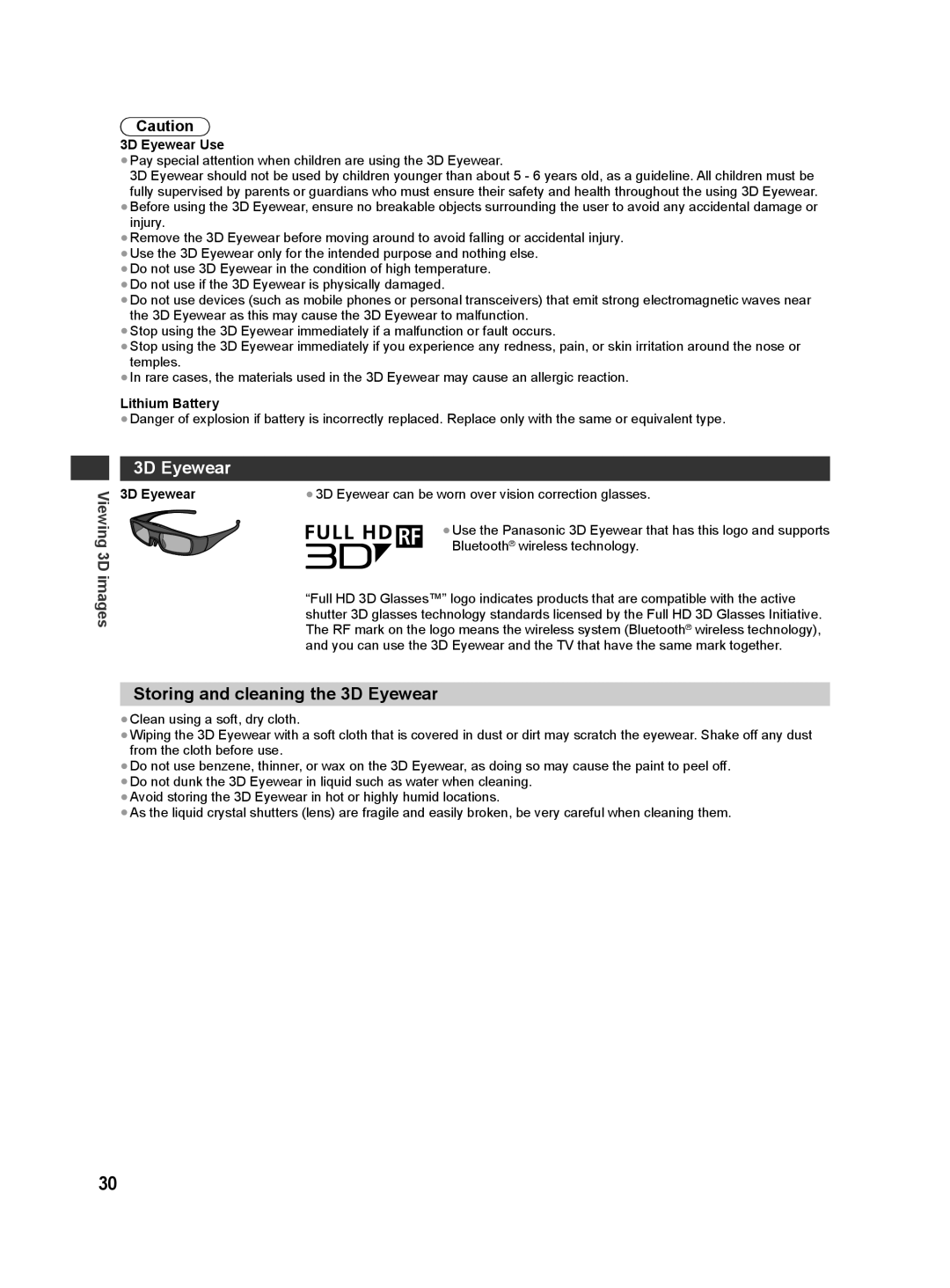 Panasonic ST50D, ST50T, ST50M, ST50K, ST50P warranty Storing and cleaning the 3D Eyewear, 3D Eyewear Use 