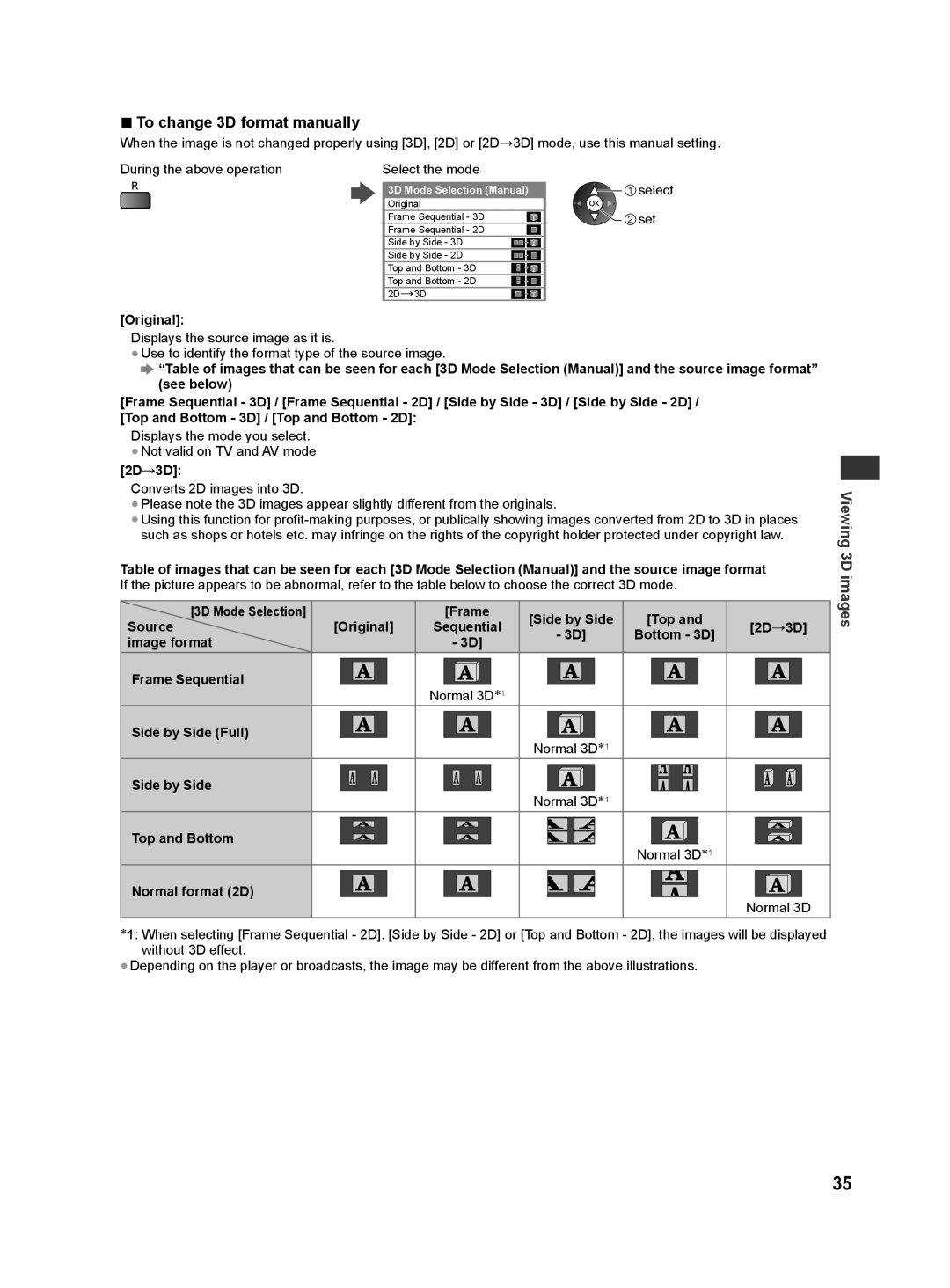 Panasonic ST50D, ST50T, ST50M, ST50K, ST50P warranty To change 3D format manually 