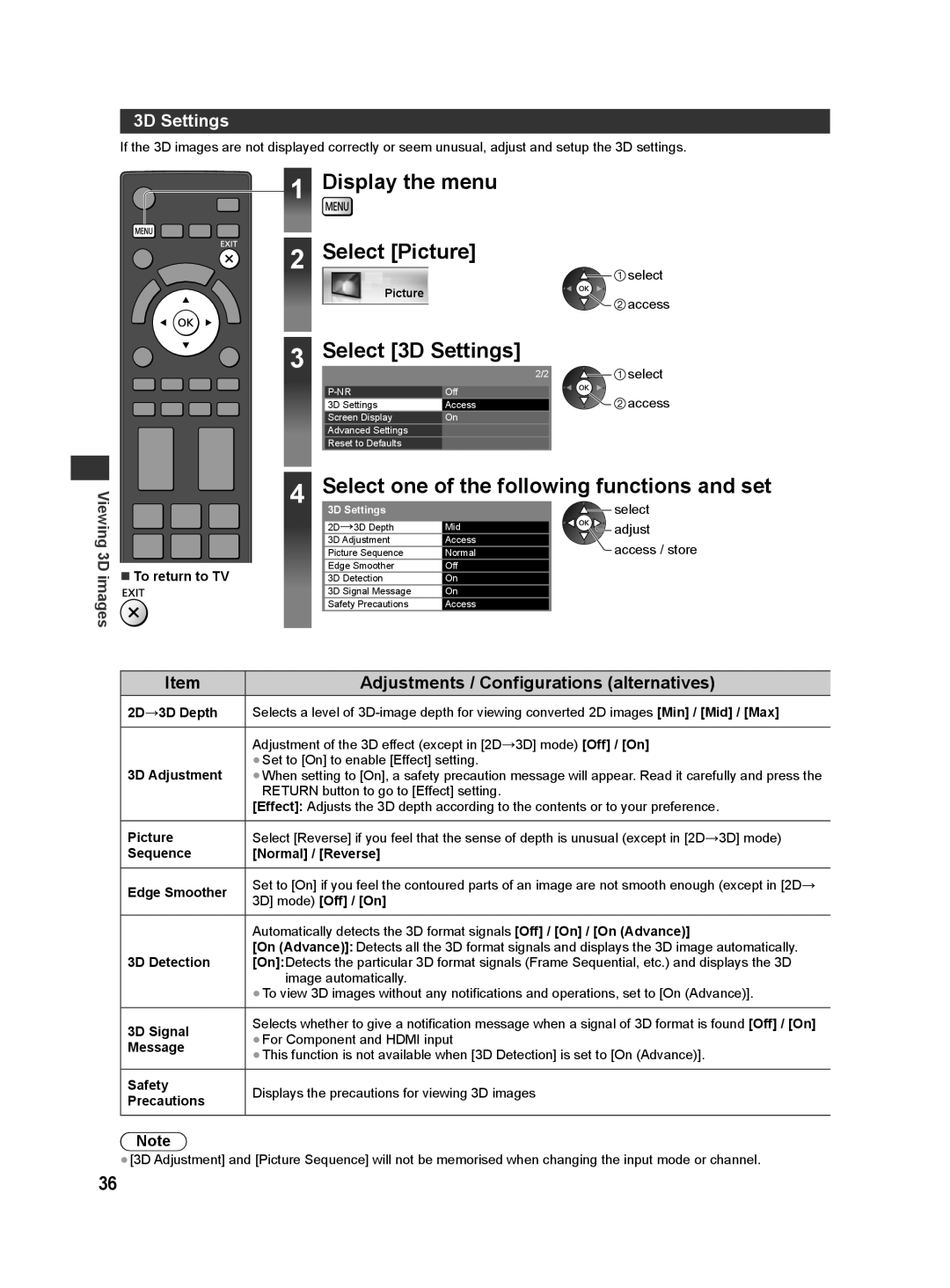 Panasonic ST50M, ST50T, ST50D 3D Settings, Adjustments / Configurations alternatives, Return button to go to Effect setting 