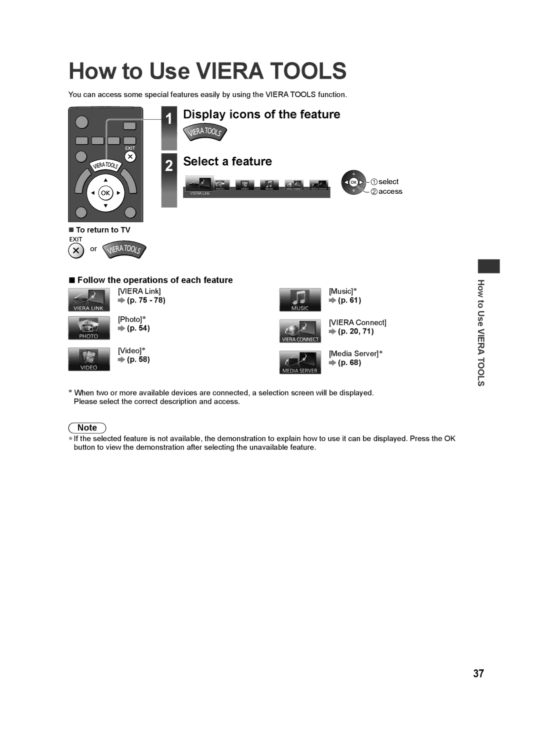 Panasonic ST50K, ST50T, ST50D, ST50M, ST50P warranty How to Use Viera Tools, Display icons of the feature Select a feature 