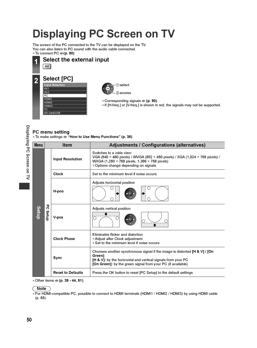 Panasonic ST50D, ST50T, ST50M, ST50K, ST50P Displaying PC Screen on TV, Select the external input Select PC, PC menu setting 