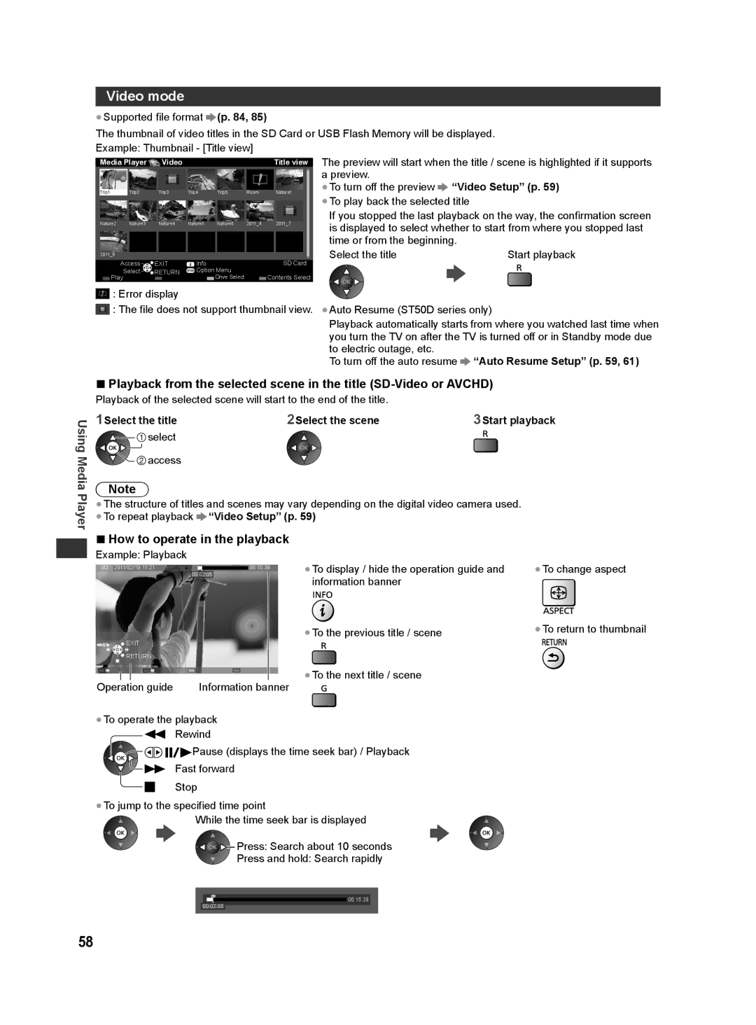 Panasonic ST50P, ST50T, ST50D Video mode, How to operate in the playback, To turn off the auto resume Auto Resume Setup p 