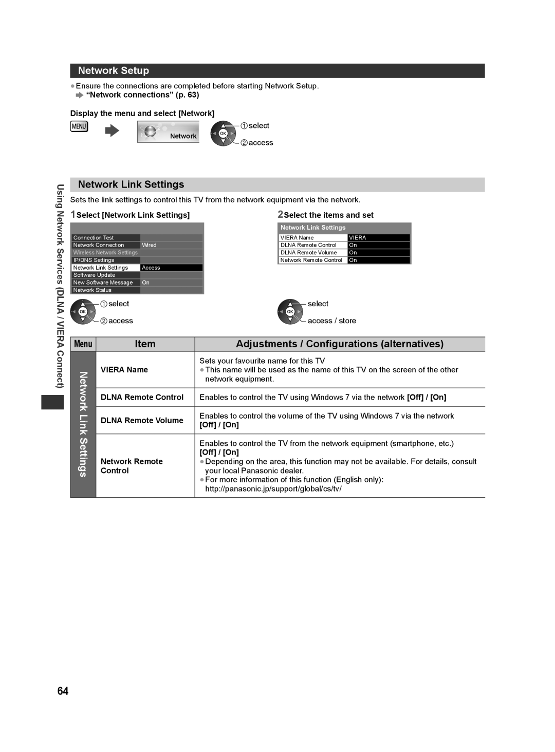 Panasonic ST50T, ST50D, ST50M, ST50K, ST50P warranty Network Setup, Network Link Settings 