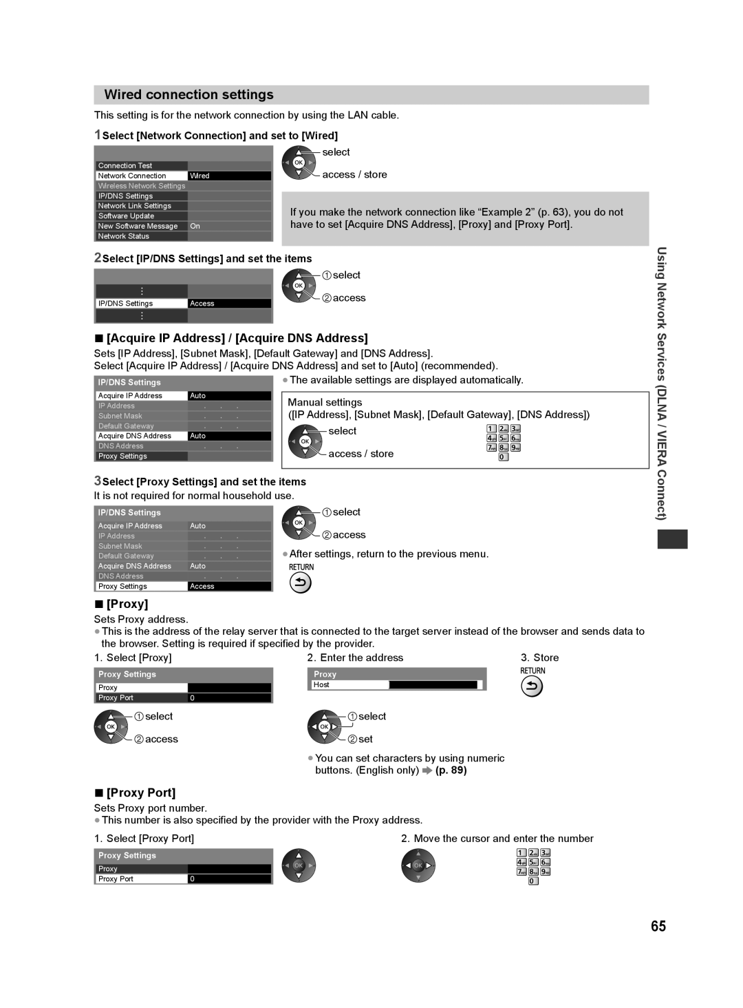 Panasonic ST50D, ST50T, ST50M Wired connection settings, Acquire IP Address / Acquire DNS Address, Proxy Port, Connect 