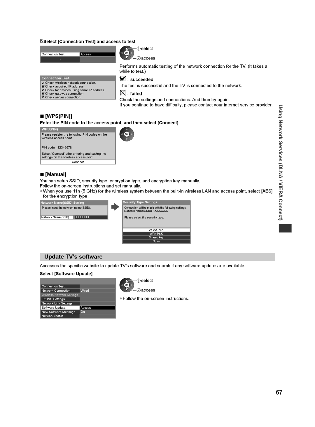 Panasonic ST50K Update TV’s software, Wpspin, Manual, 6Select Connection Test and access to test, Select Software Update 