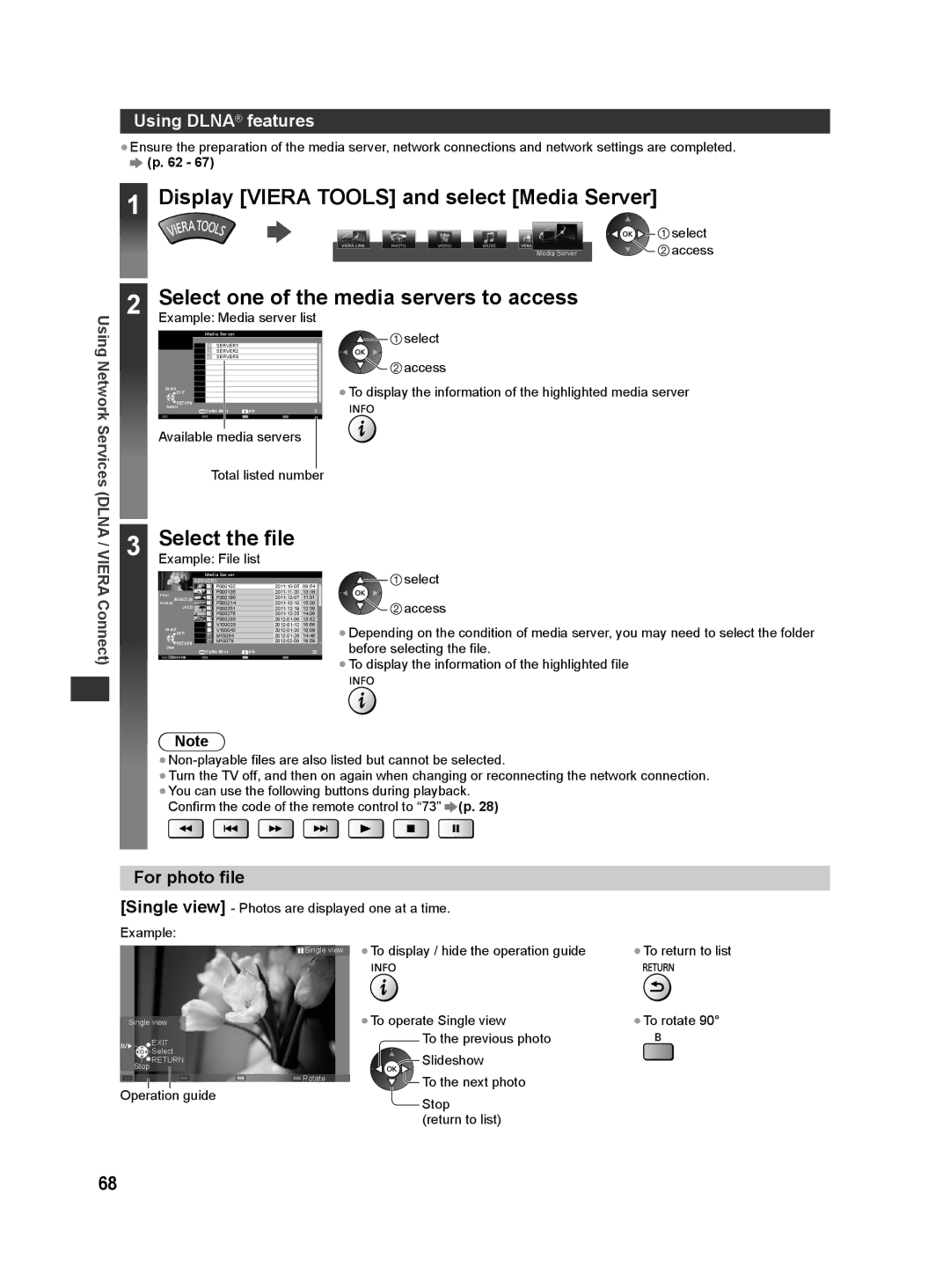 Panasonic ST50P Display Viera Tools and select Media Server, Select one of the media servers to access, Select the file 