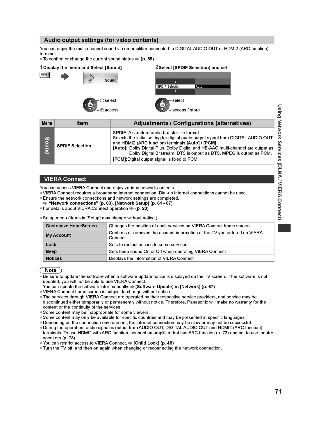 Panasonic ST50M, ST50T, ST50D, ST50K, ST50P warranty Audio output settings for video contents, Viera Connect 