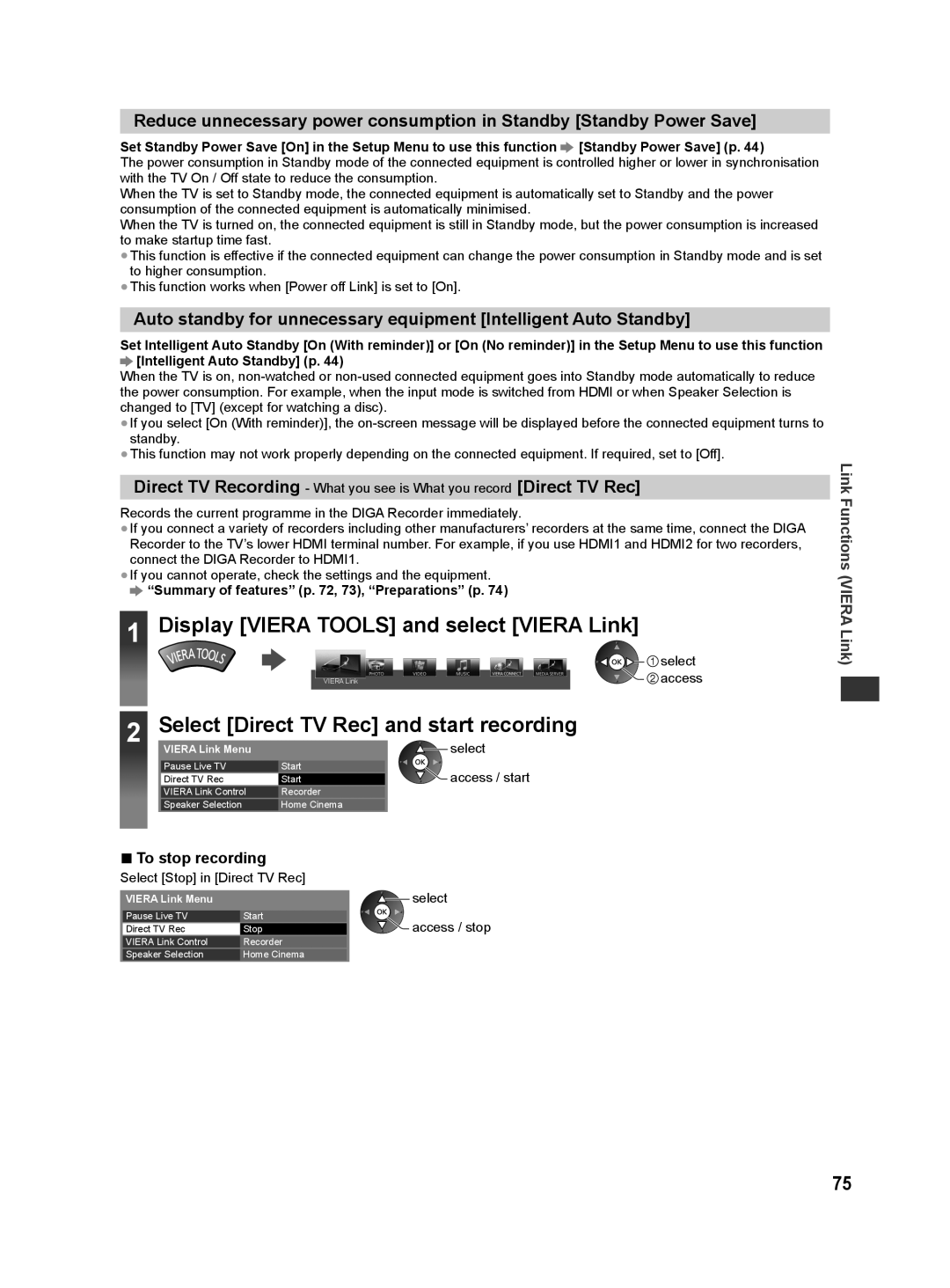 Panasonic ST50D Display Viera Tools and select Viera Link, Select Direct TV Rec and start recording, To stop recording 