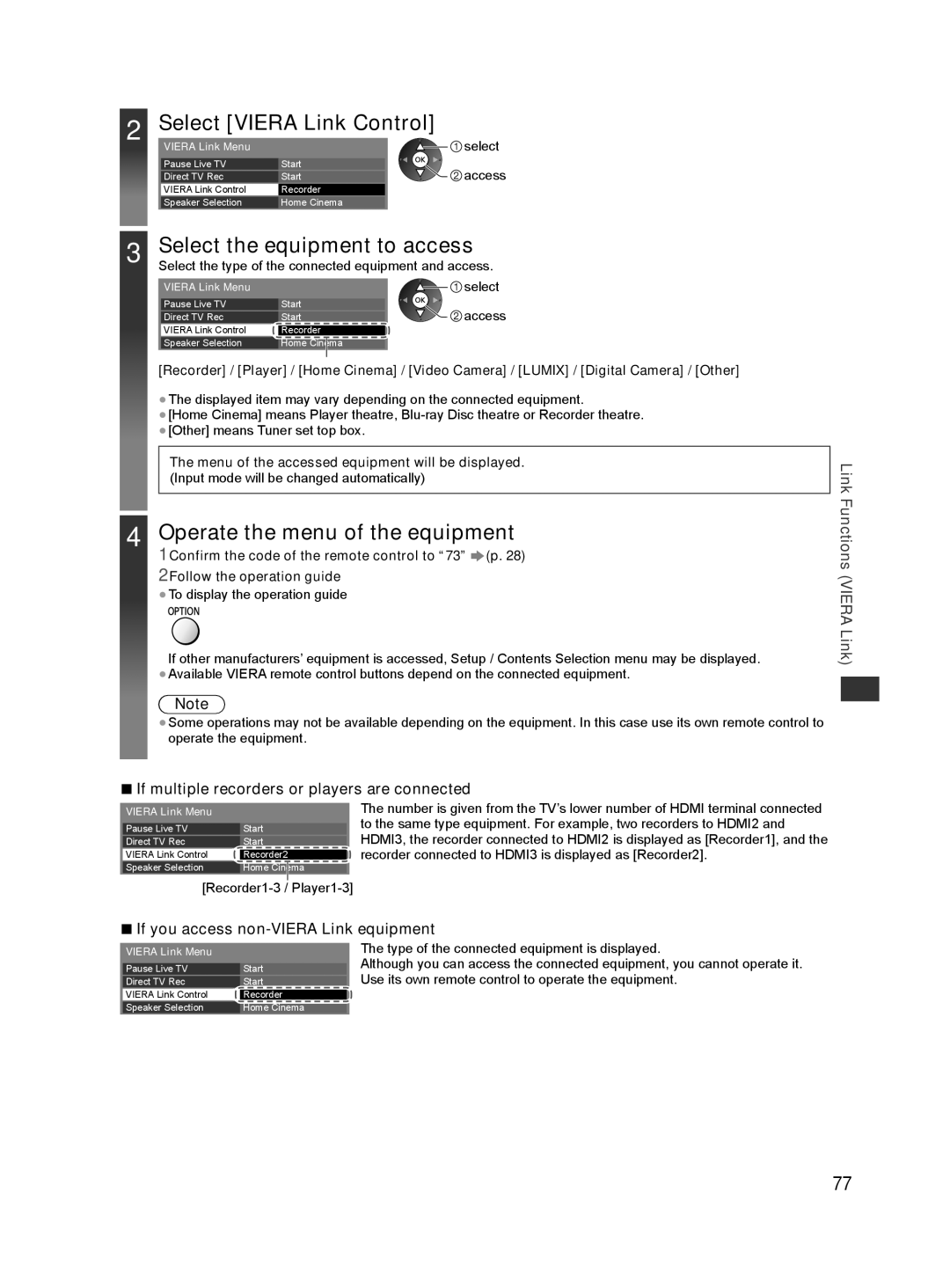 Panasonic ST50K Select the equipment to access, Operate the menu of the equipment, If you access non-VIERA Link equipment 