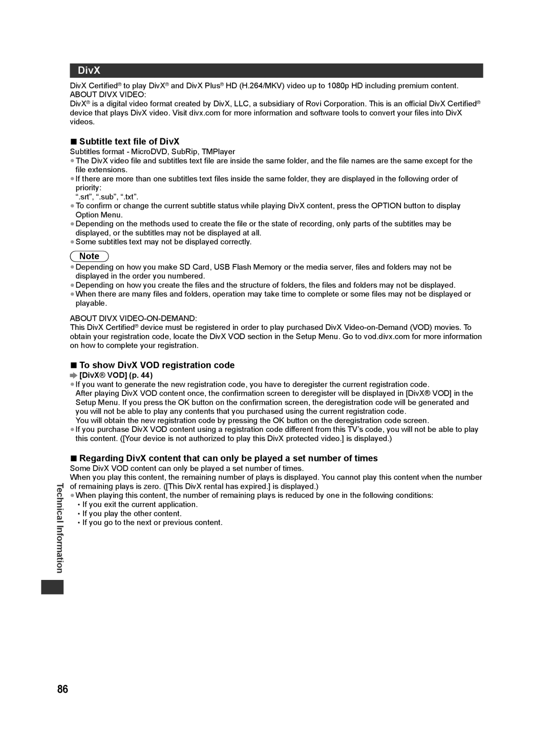 Panasonic ST50M, ST50T, ST50D, ST50K, ST50P Subtitle text file of DivX, To show DivX VOD registration code, DivX VOD p 