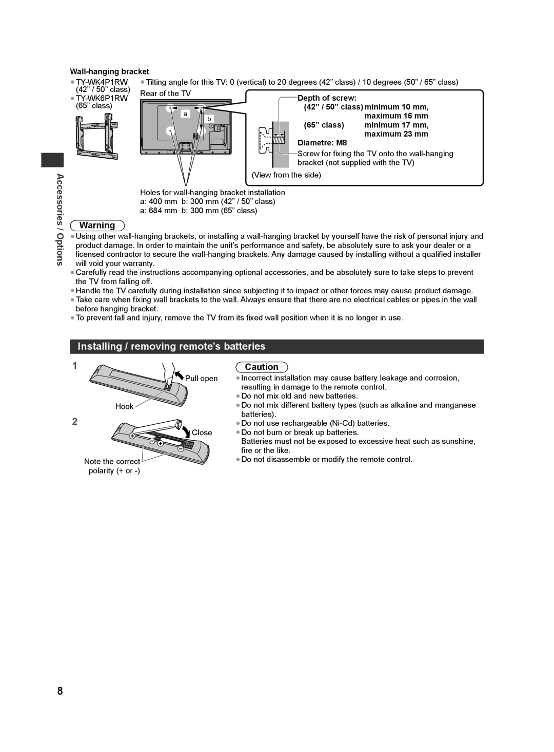 Panasonic ST50P, ST50T, ST50D, ST50M, ST50K warranty Installing / removing remote’s batteries, Wall-hanging bracket 