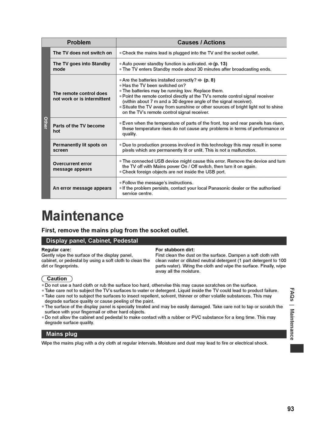 Panasonic ST50P, ST50T Maintenance, First, remove the mains plug from the socket outlet, Display panel, Cabinet, Pedestal 