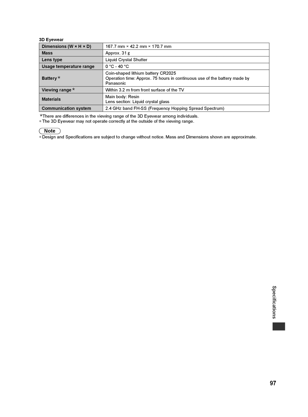 Panasonic ST50K 3D Eyewear Dimensions W × H × D, Lens type, Usage temperature range, Battery∗, Viewing range∗, Materials 