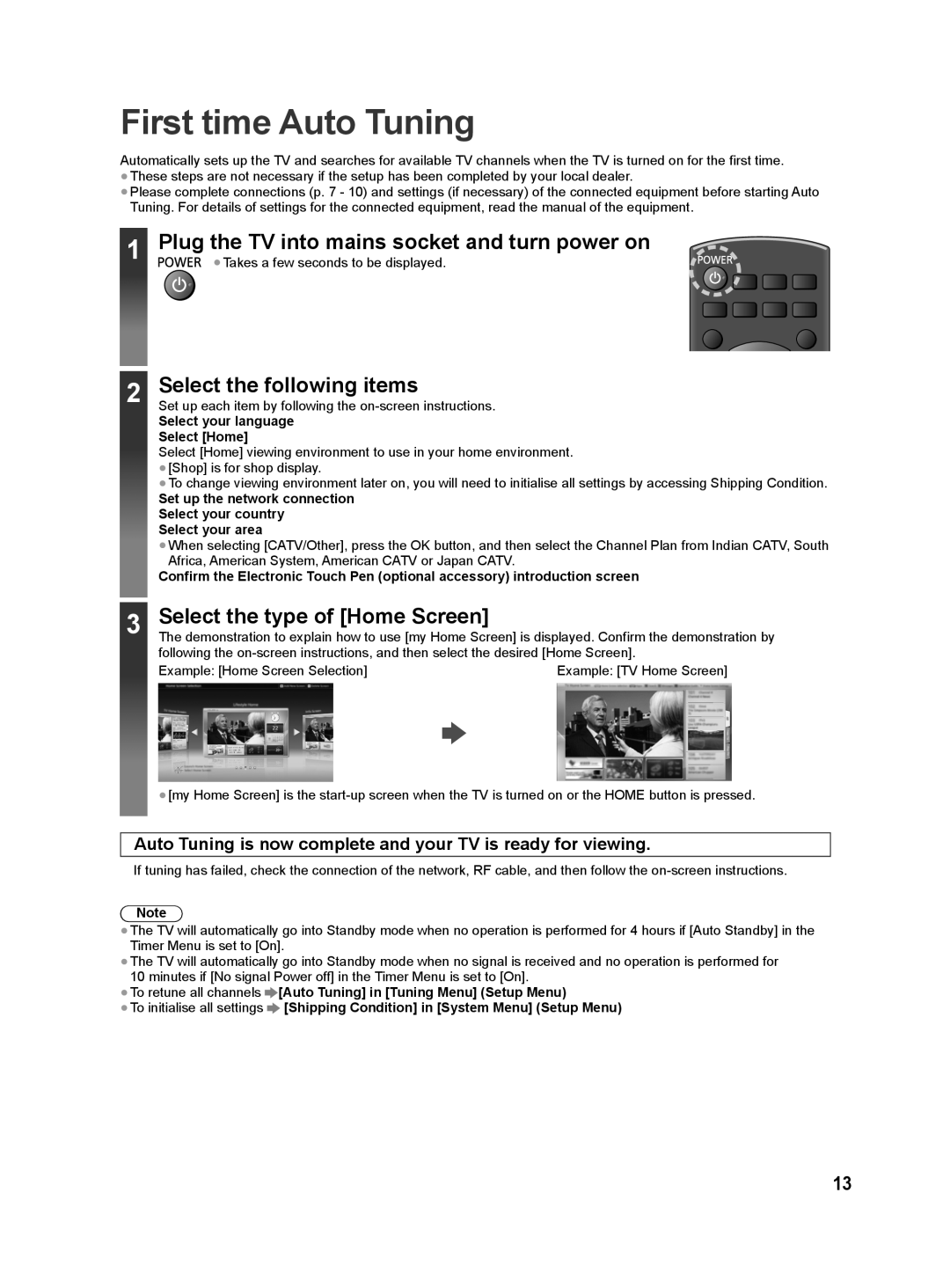 Panasonic ST60M, ST60D First time Auto Tuning, Plug the TV into mains socket and turn power on, Select the following items 