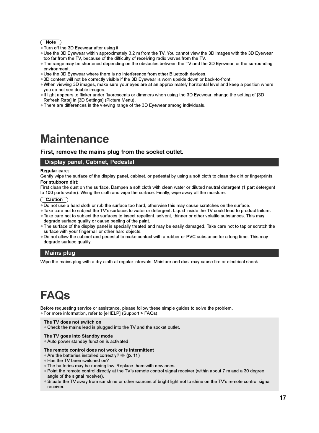 Panasonic ST60M, ST60D quick start Maintenance, FAQs, Display panel, Cabinet, Pedestal, Mains plug 