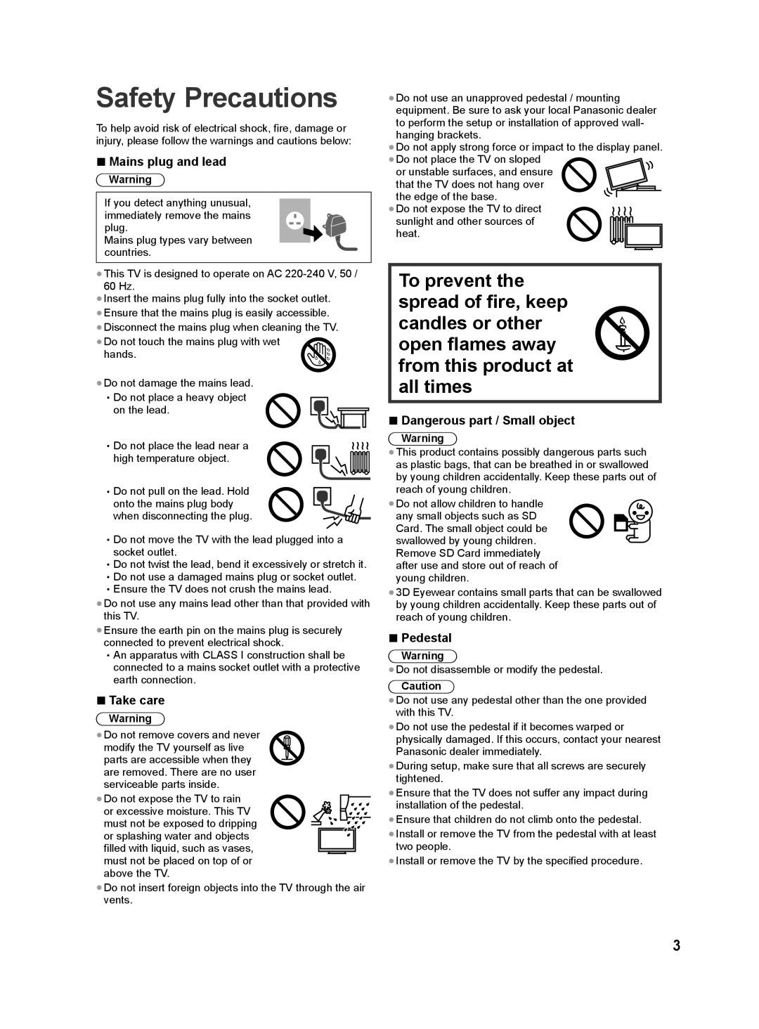 Panasonic ST60M, ST60D quick start Safety Precautions, Mains plug and lead, Take care, Pedestal 