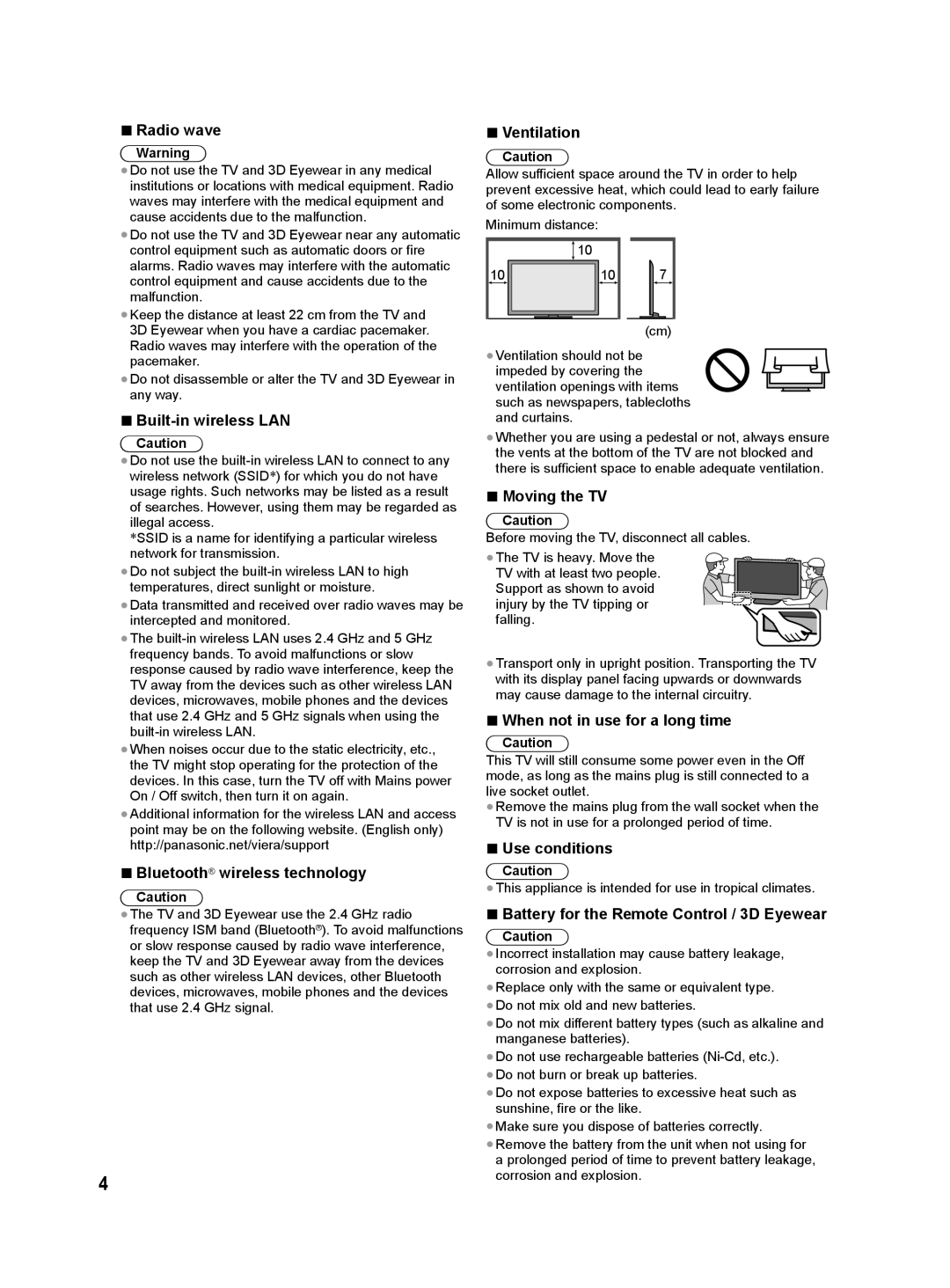 Panasonic ST60D, ST60M Radio wave, Built-in wireless LAN, Bluetooth wireless technology, Ventilation, Moving the TV 