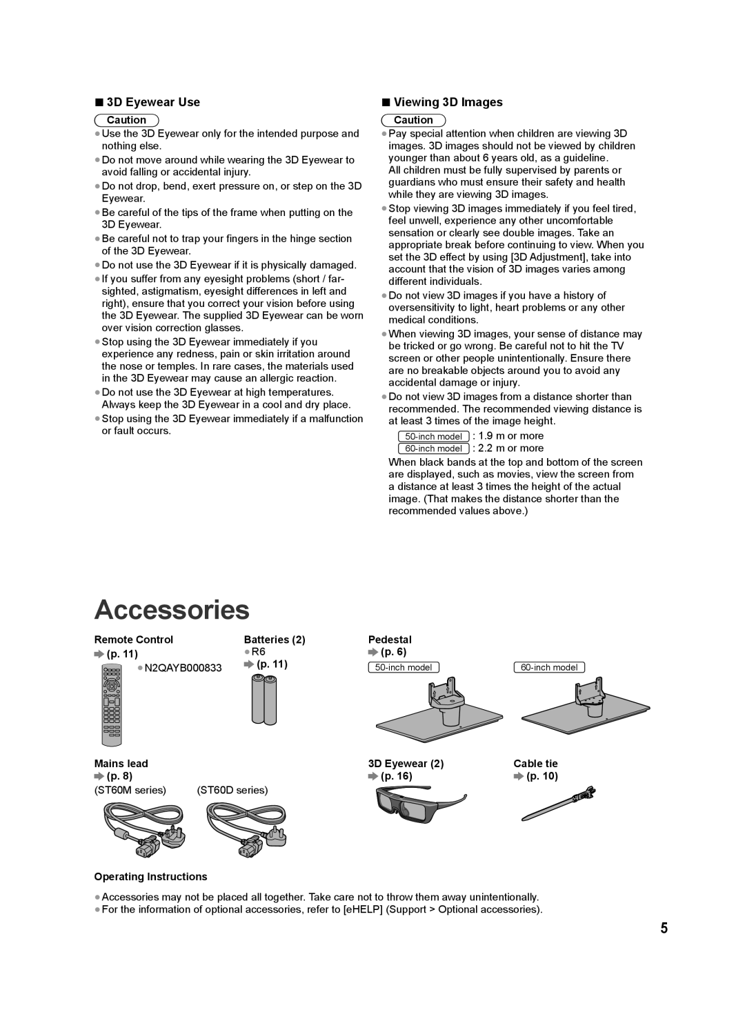 Panasonic ST60M, ST60D quick start Accessories, 3D Eyewear Use, Remote Control Batteries Pedestal N2QAYB000833 