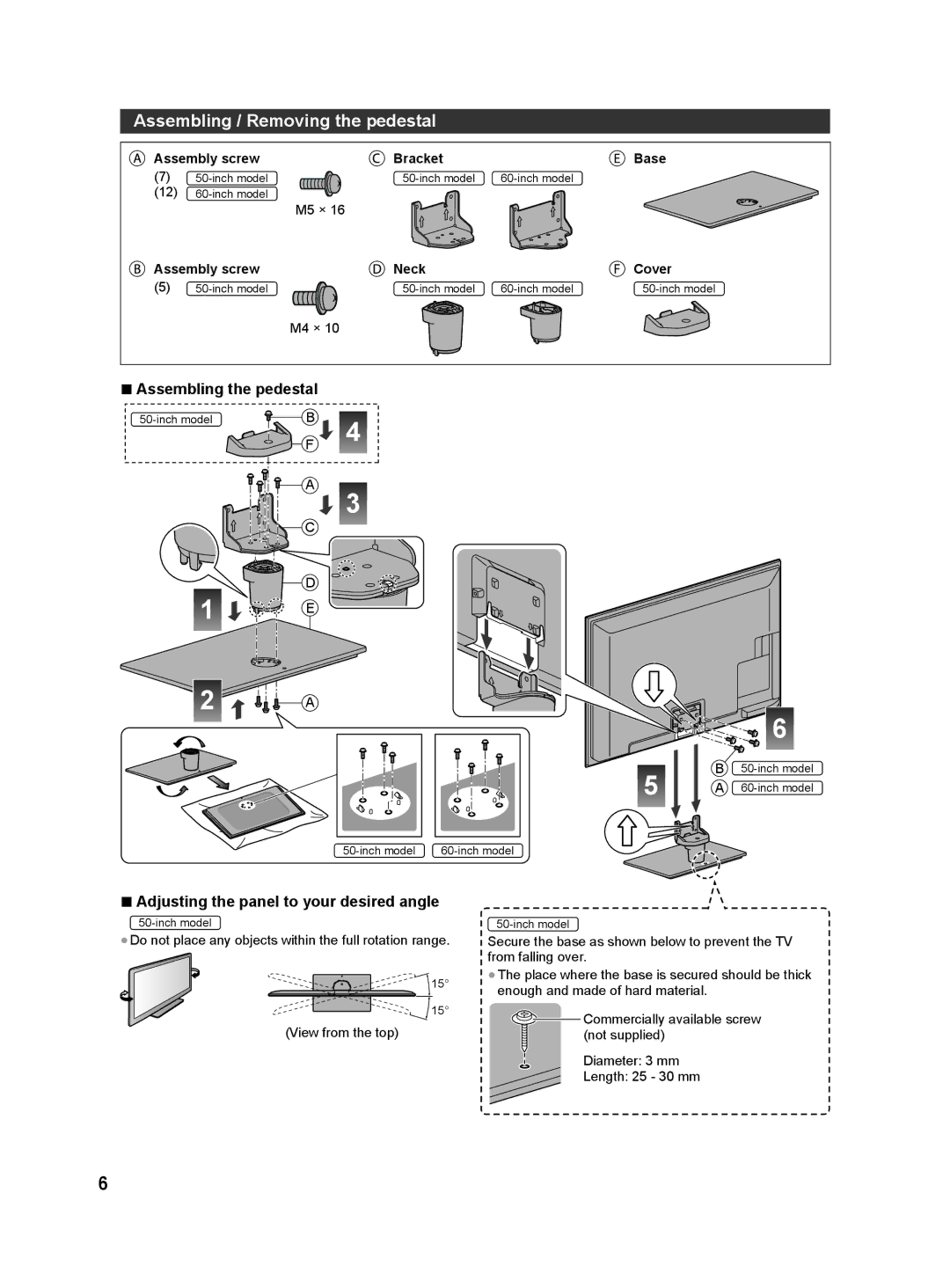 Panasonic ST60D Assembling / Removing the pedestal, Assembling the pedestal, Adjusting the panel to your desired angle 