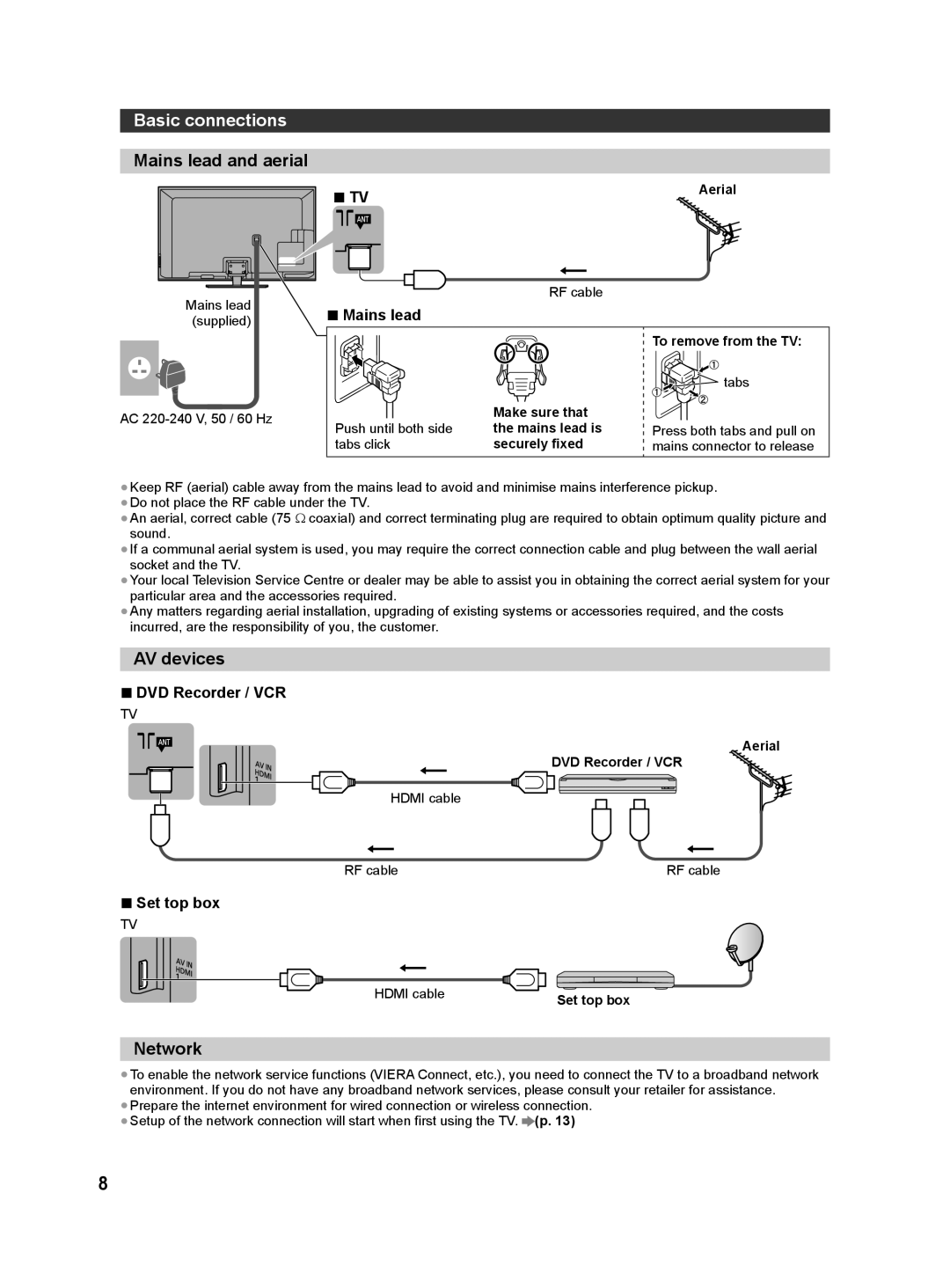 Panasonic ST60D, ST60M quick start Basic connections, Mains lead, DVD Recorder / VCR, Set top box 