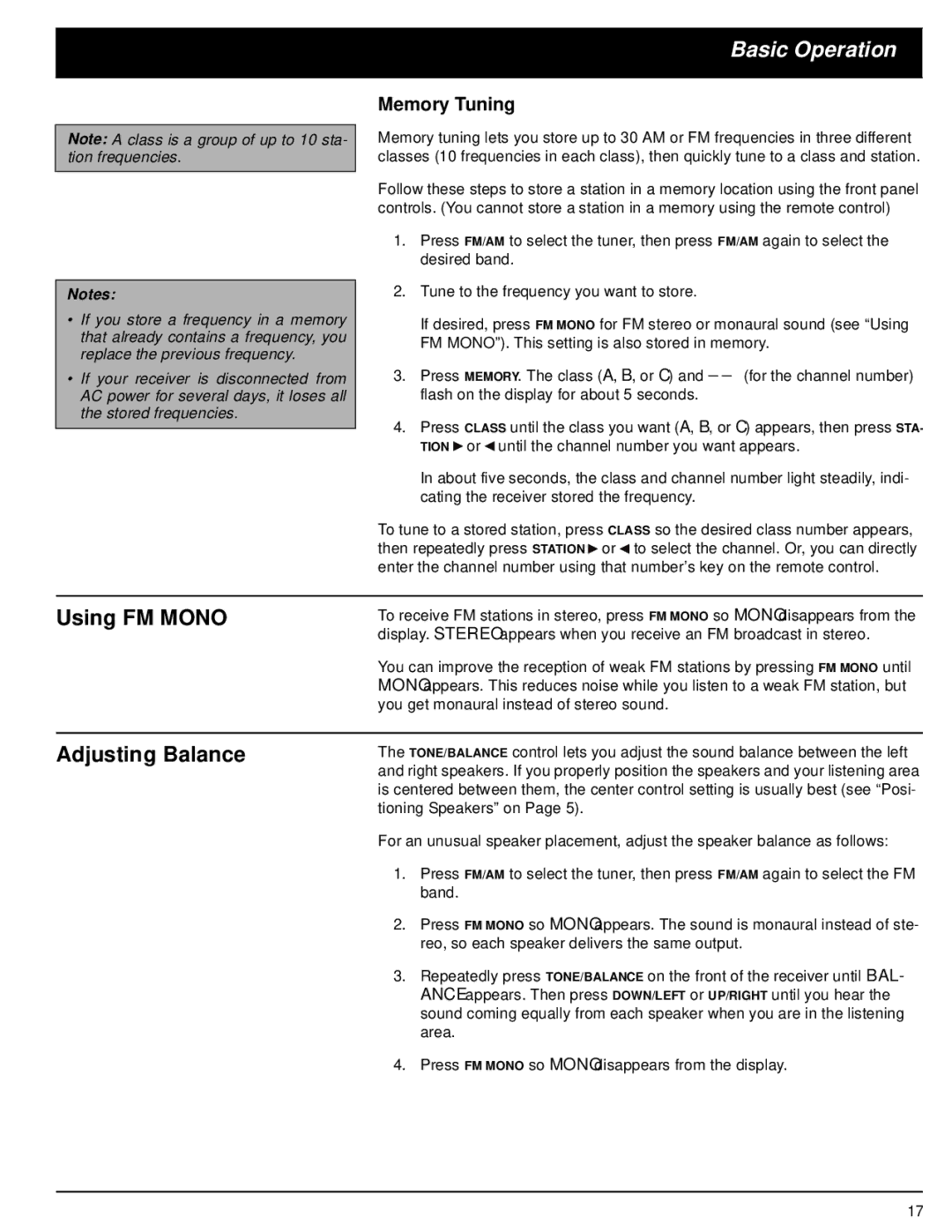 Panasonic STAV-3770 owner manual Using FM Mono, Adjusting Balance, Memory Tuning 