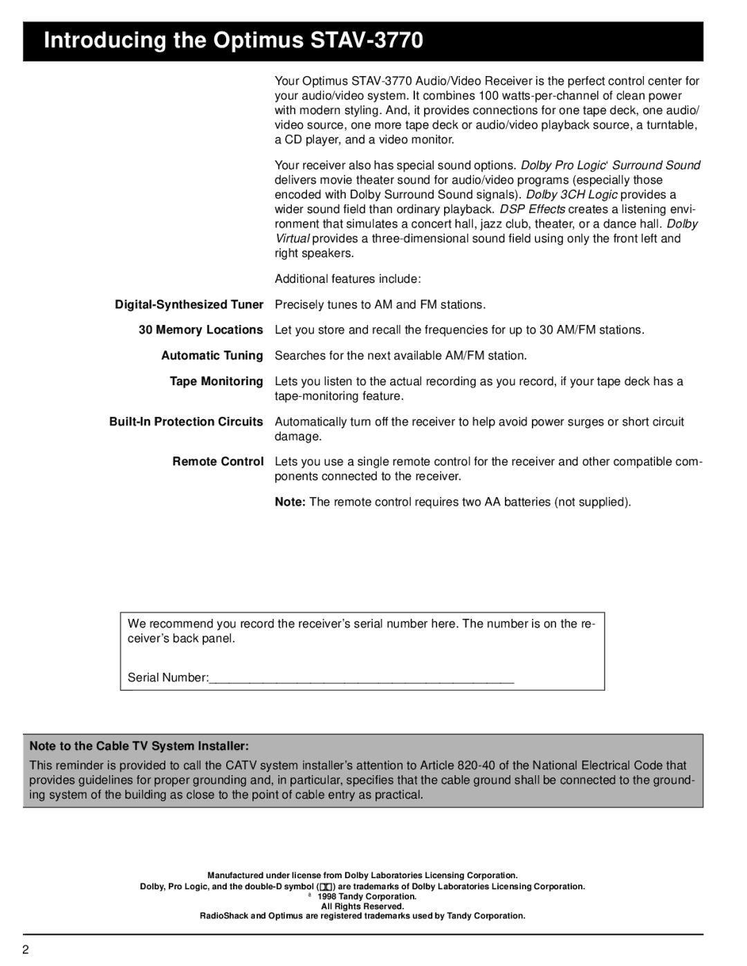 Panasonic owner manual Introducing the Optimus STAV-3770 