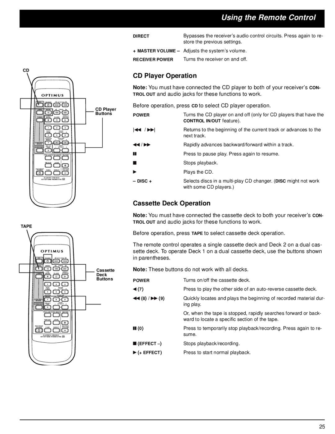 Panasonic STAV-3770 owner manual Using the Remote Control, CD Player Operation, Cassette Deck Operation 