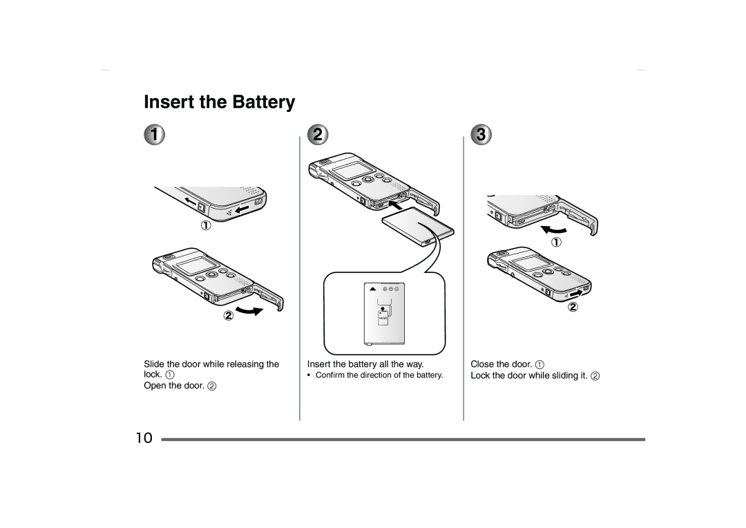 Panasonic SV-AS10 operating instructions Insert the Battery, Close the door Lock the door while sliding it 