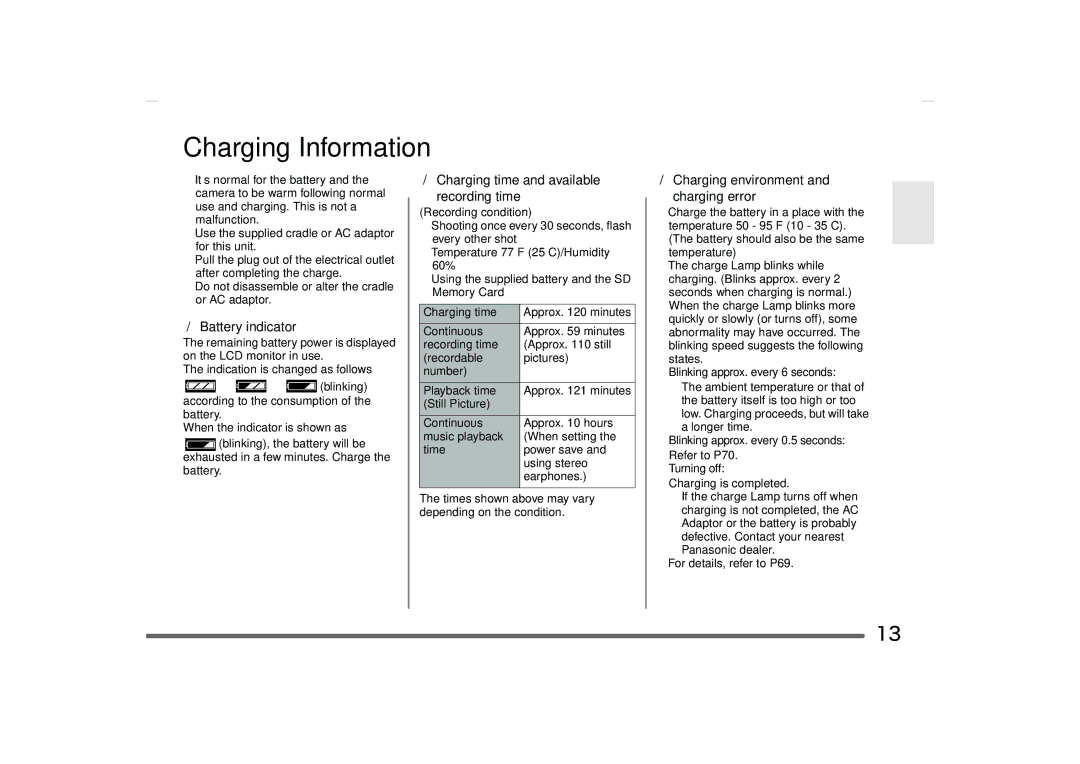 Panasonic SV-AS10 Charging Information, Battery indicator, Charging time and available Recording time 