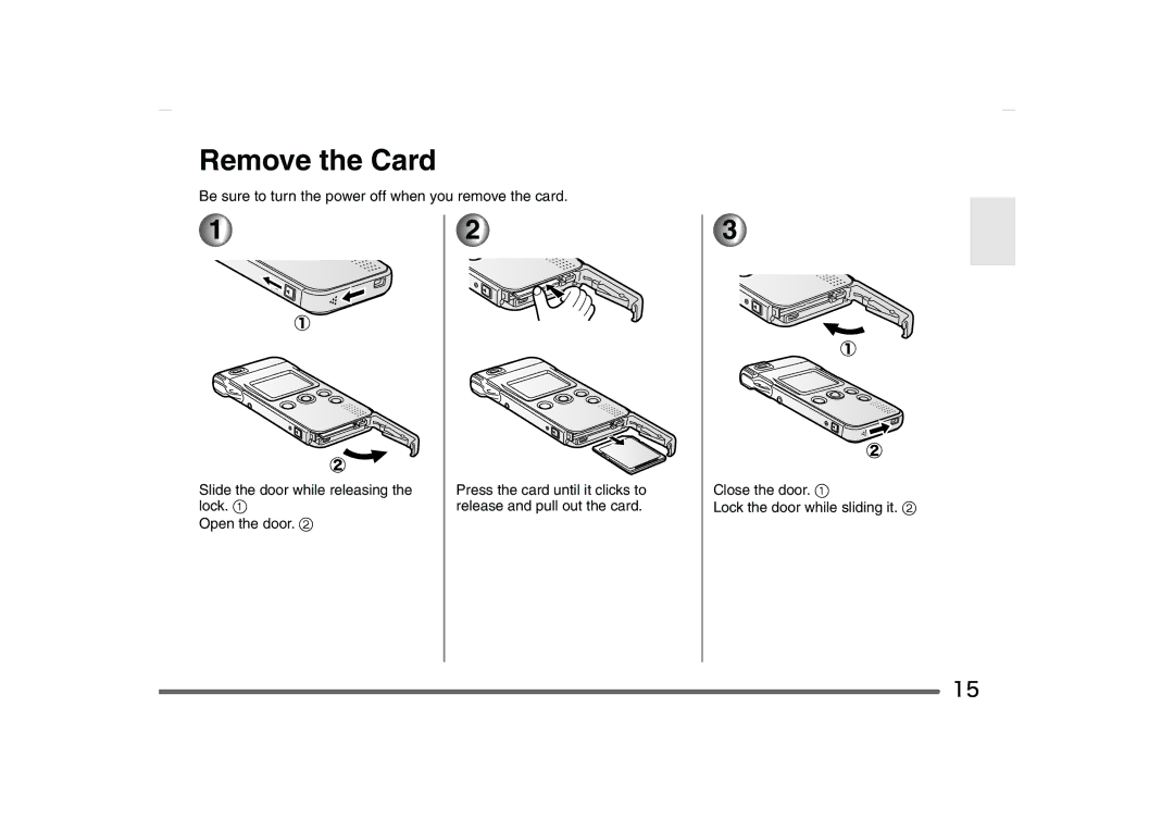 Panasonic SV-AS10 operating instructions Remove the Card, Open the door Close the door Lock the door while sliding it 