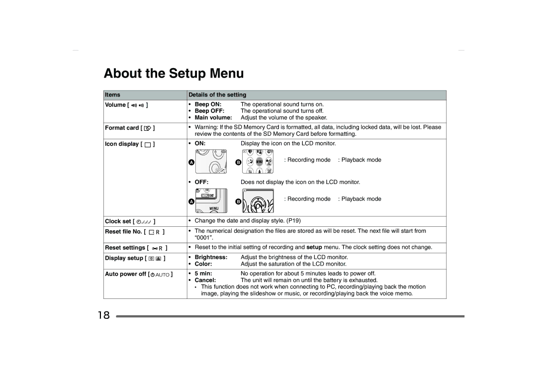 Panasonic SV-AS10 operating instructions About the Setup Menu 