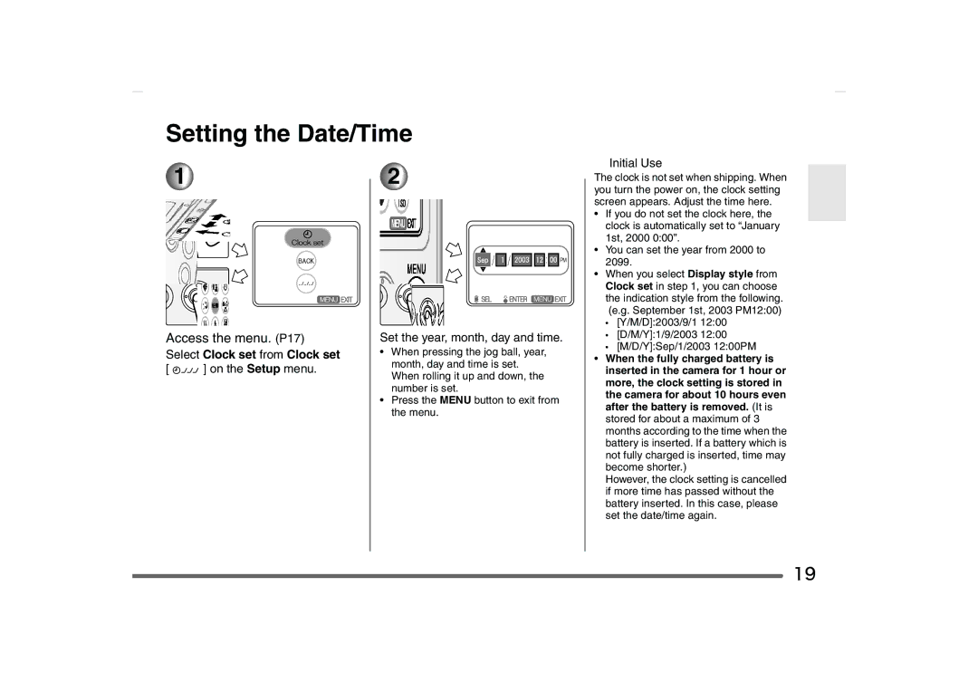 Panasonic SV-AS10 operating instructions Setting the Date/Time, Select Clock set from Clock set, Initial Use 