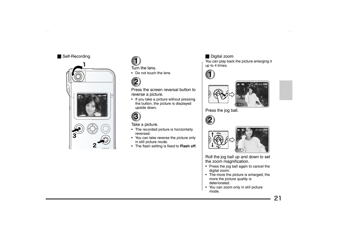 Panasonic SV-AS10 Self-Recording Turn the lens, Press the screen reversal button to reverse a picture, Take a picture 